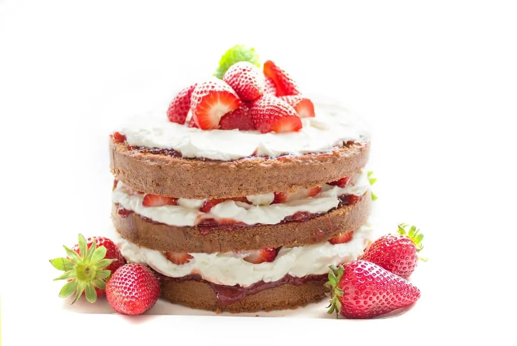 Torta de fresas con crema: Bizcocho de vainilla relleno de crema chantilly y fresas frescas, decorado con f